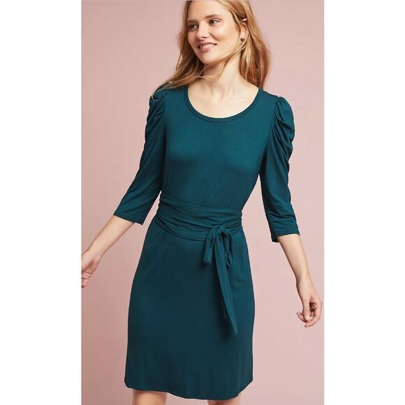 NWT Anthropologie Maeve Ceres Ruched Tie Waist Dress Dark Holly Green Size XS - Picture 1 of 7